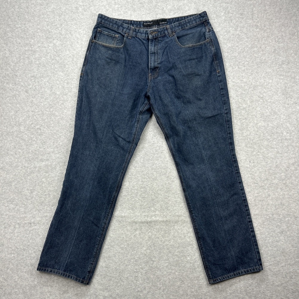 Rocawear Jeans Mens 40x33 Blue Denim Pants Y2K Script Logo Button Flap Classic